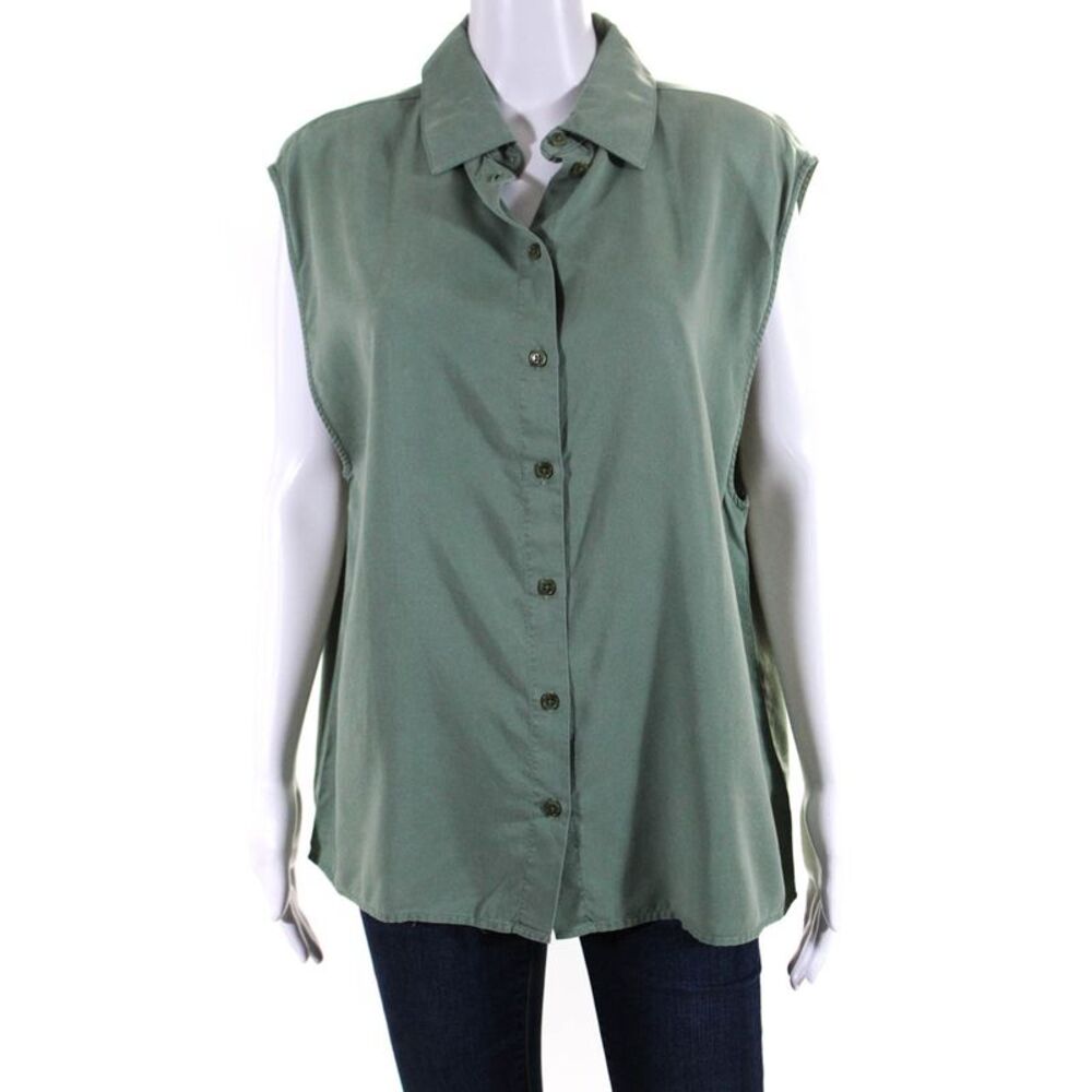 Lune Womens Chloe Sleeveless Twill Button Up Top Blouse Sea Spray Green Small